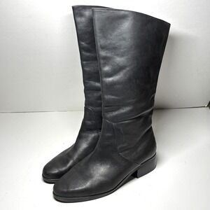 Leather Tall Boots Women 7 Black Low Block Heel Made in Brazil Equestrian Luxury